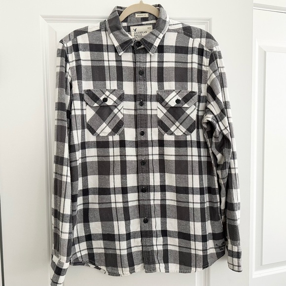 Grey & White Plaid Flannel Long Sleeve Fall Button Down Shirt - Picture 1 of 16